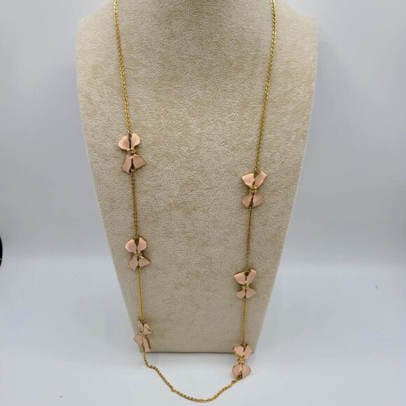 J Crew Pink Enamel Long Bow Station Necklace with small Clear Crystals - Picture 1 of 12